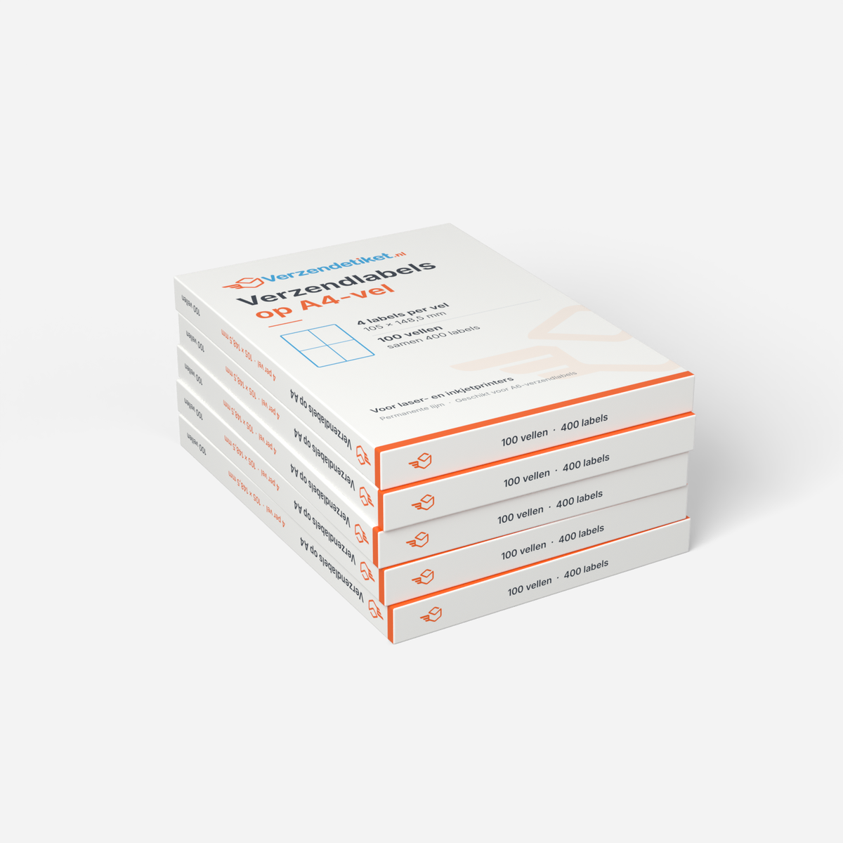 Verzendlabels op A4, 4 per vel <br>(doos met 100 vellen)